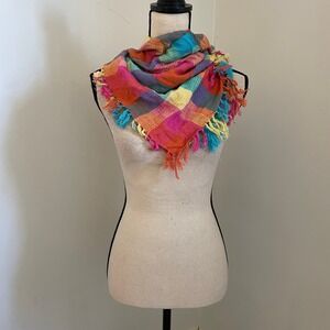 Ben Goodman Plaid Rainbow Fringe Scarf Square Multicolor Vintage Woven Accessory